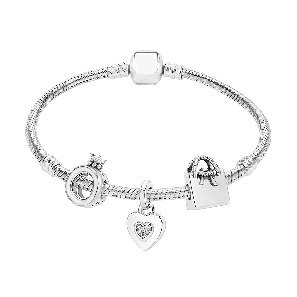 Kit Pulseira Pandora Coração+3 Berloques Banhado em Prata