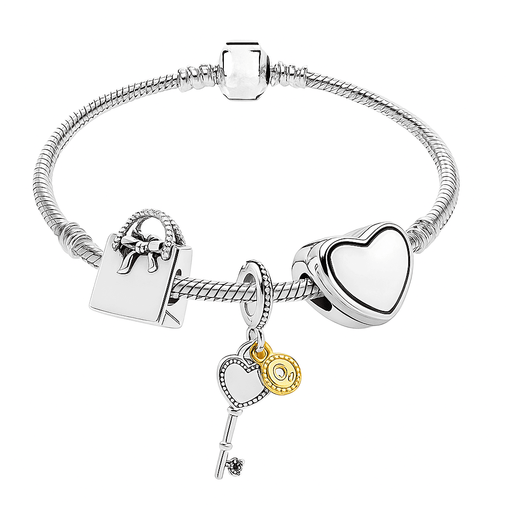 Kit Pulseira Pandora Formato Coração+3 Berloques Banhado em Prata