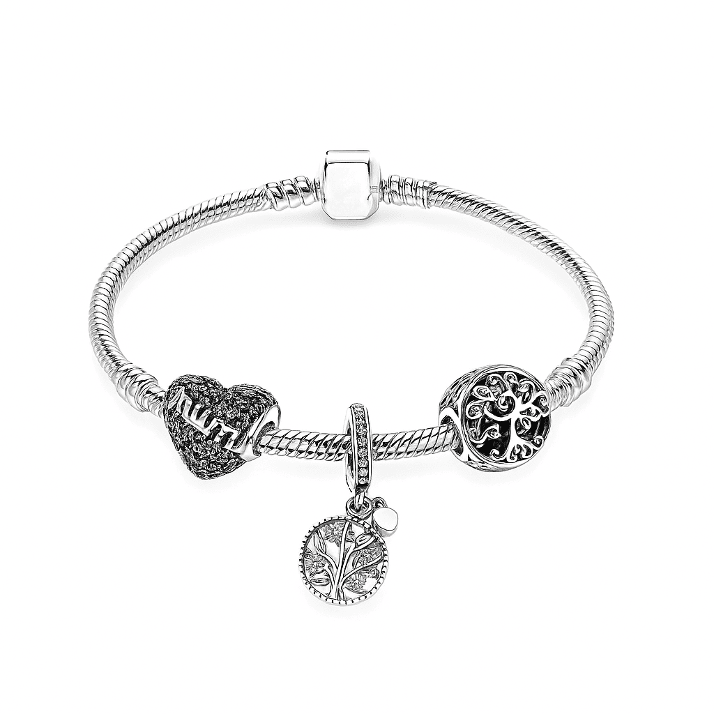 Kit Pulseira Pandora em Coração+3 Berloques Banhado em Prata