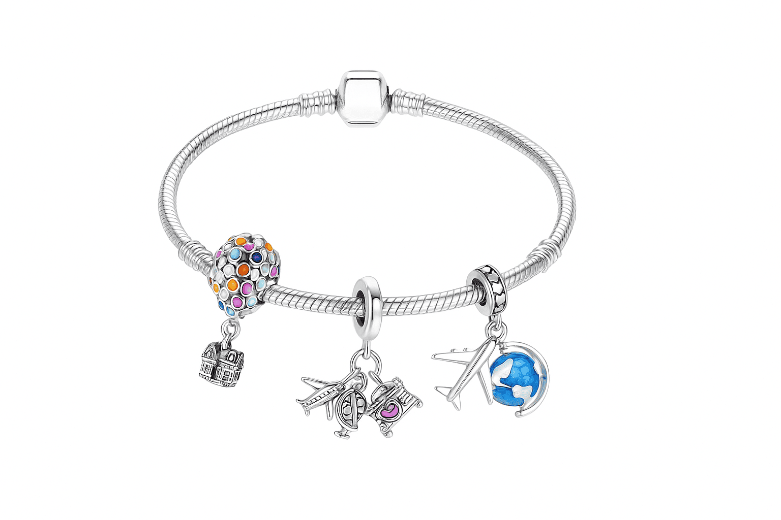 Kit Pulseira Pandora em Coração+3 Berloques Banhado em Prata