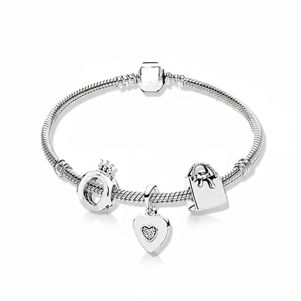 Kit Pulseira Pandora + 3 Berloques Pandora Banhados em Prata