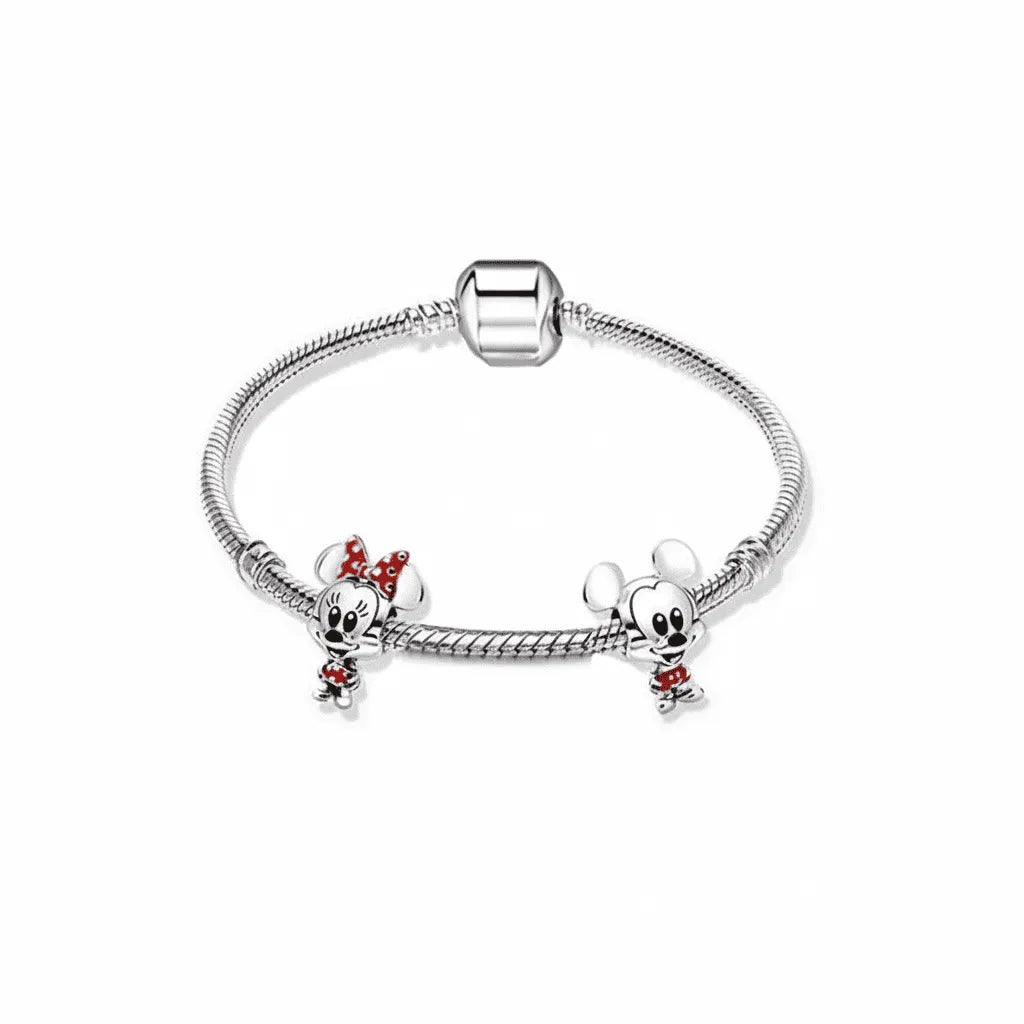 Kit Pulseira Pandora Coração e 2 Berloques Mickey Banhado em Prata
