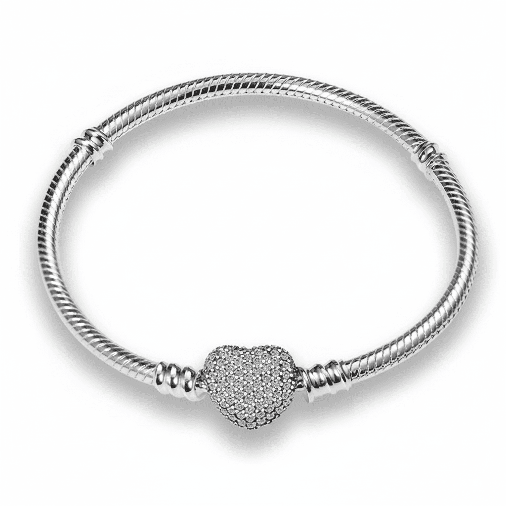 Pulseira Pandora Coração Cravejado Banhada em Prata