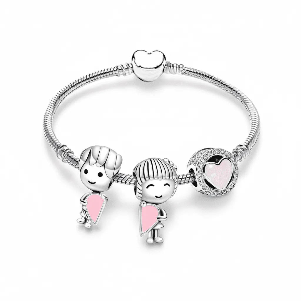 Kit Pulseira Pandora Formato Coração e 3 Berloques Banhados em Prata