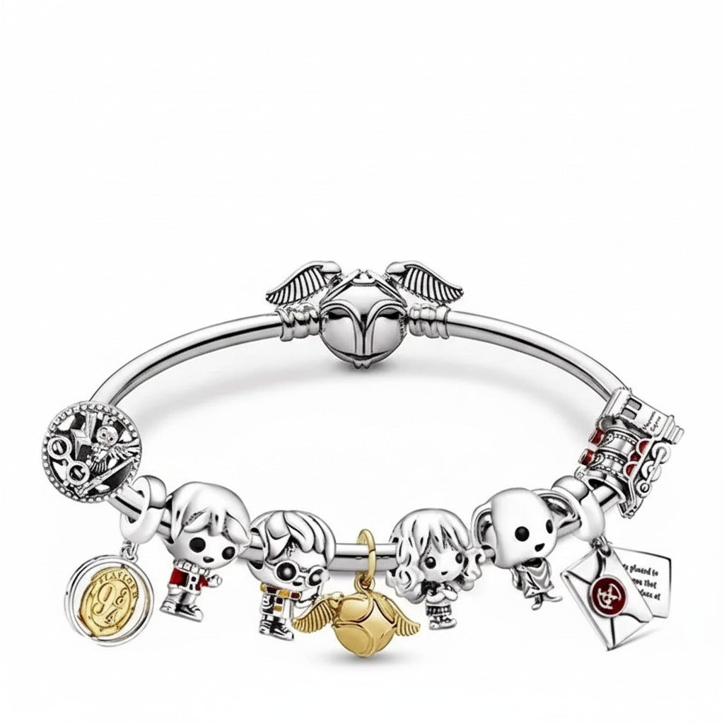 Kit Pulseira Pandora + 9 Berloques Harry Potter Banhados em Prata