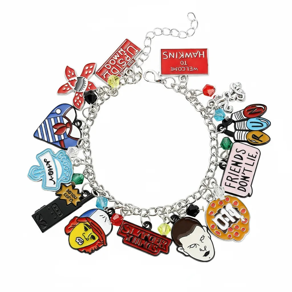 Pulseira Stranger Things Banhada em Prata + 13 Pingentes
