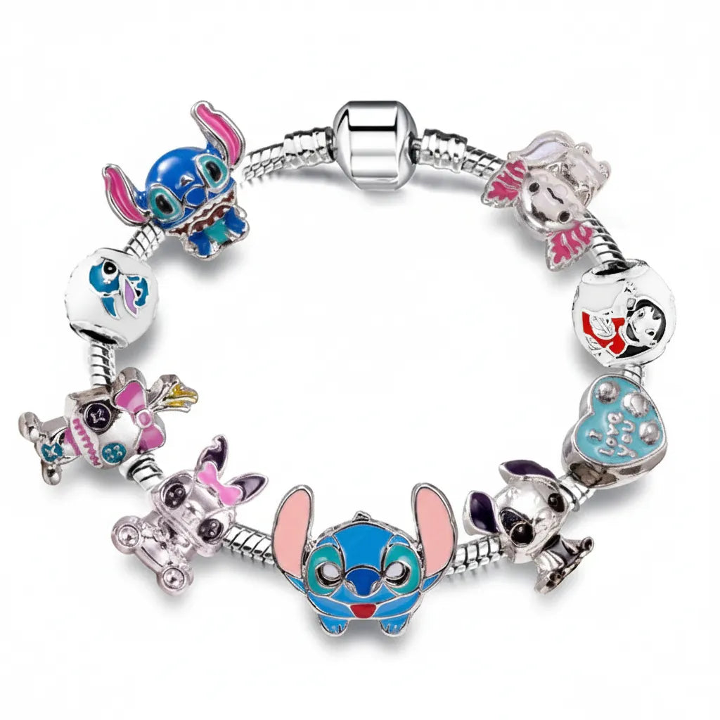 Kit Pulseira Pandora Stitch + 9 Berloques Banhado em Prata