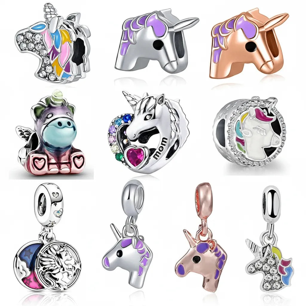 Kit 10 Berloques Unicórnios Banhados em Prata