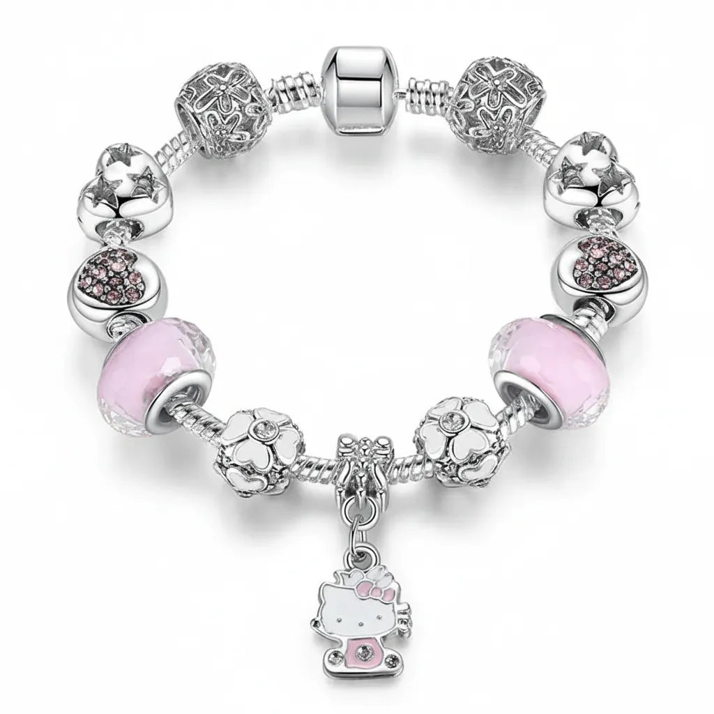 Kit Pulseira Pandora Hello Kitty + 11 Berloques Banhado em Prata