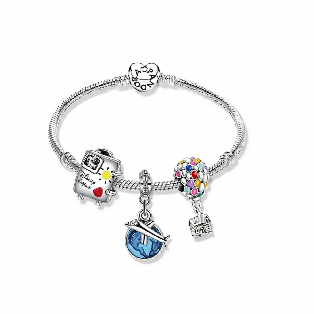 Kit Pulseira Pandora +3 Berloques Disney Banhados em Prata