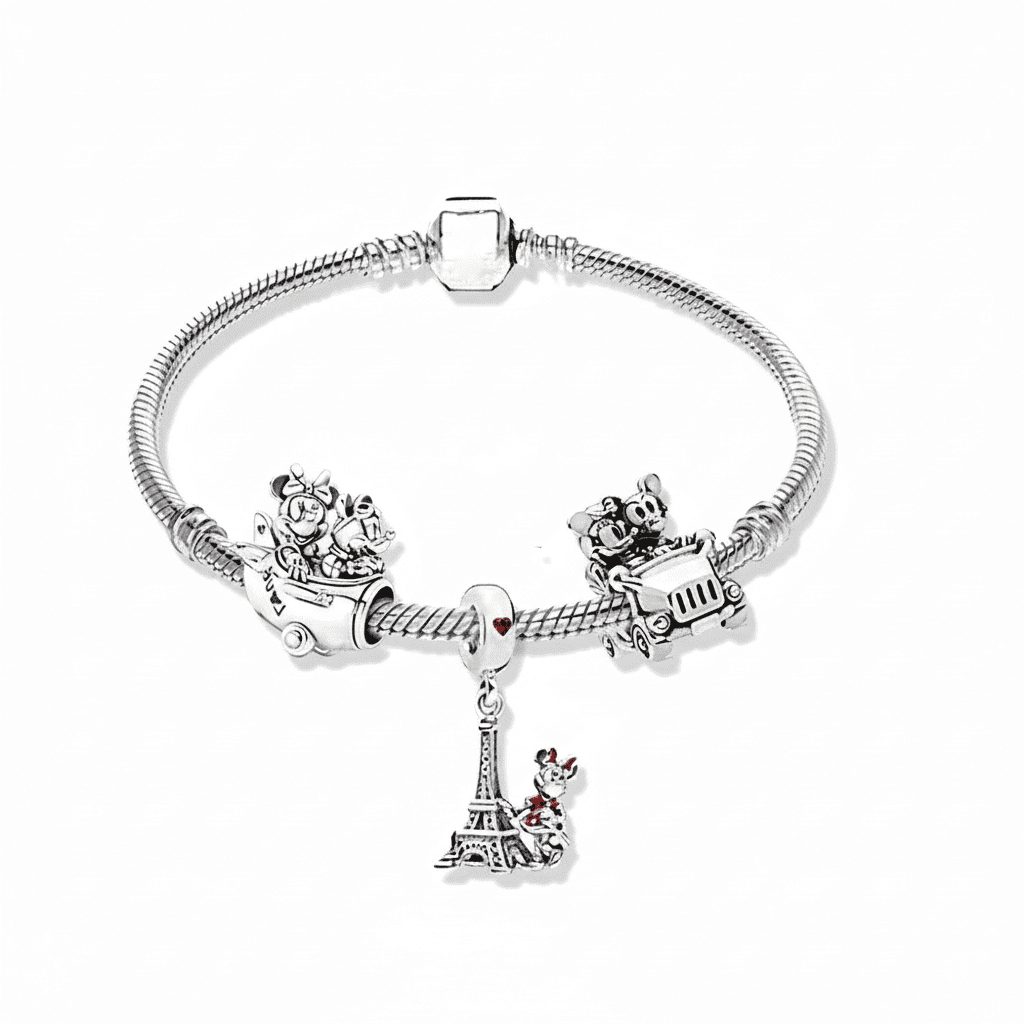 Kit Pulseira Pandora em Coração e 3 Berloques em Prata 925