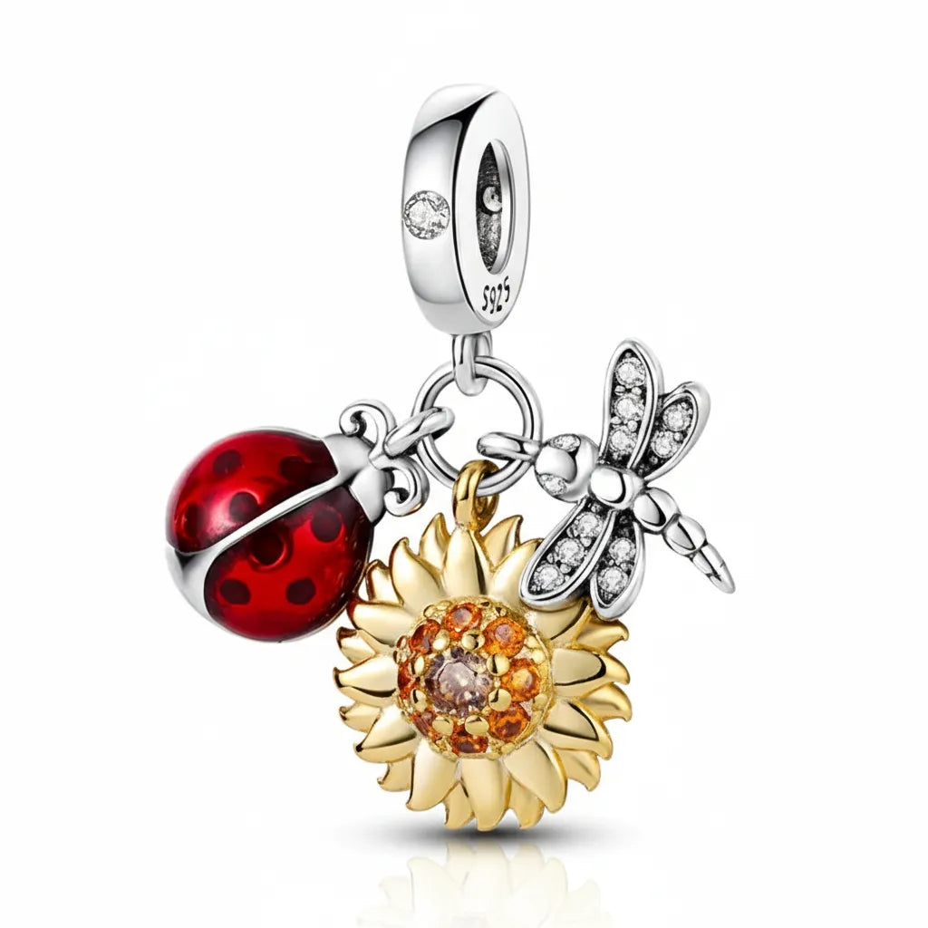 Berloque Girassol e Joaninha Banhado em Prata