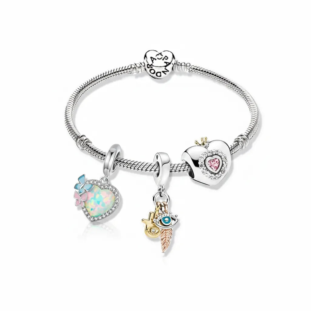 Kit Pulseira Pandora +3 Berloques Banhados em Prata