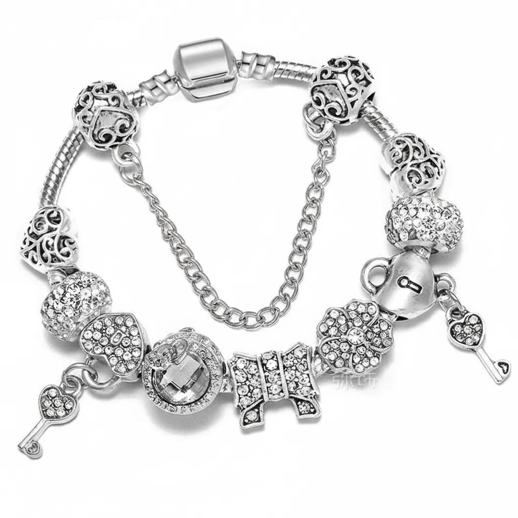 Kit Pulseira Pandora + 10 Berloques Banhado em Prata