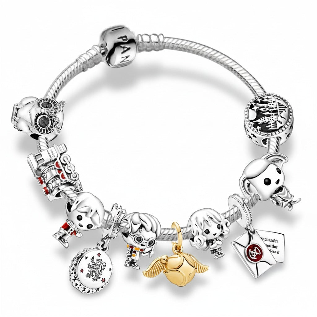 Kit Pulseira Pandora  + 10 Berloques Harry Potter Banhados em Prata