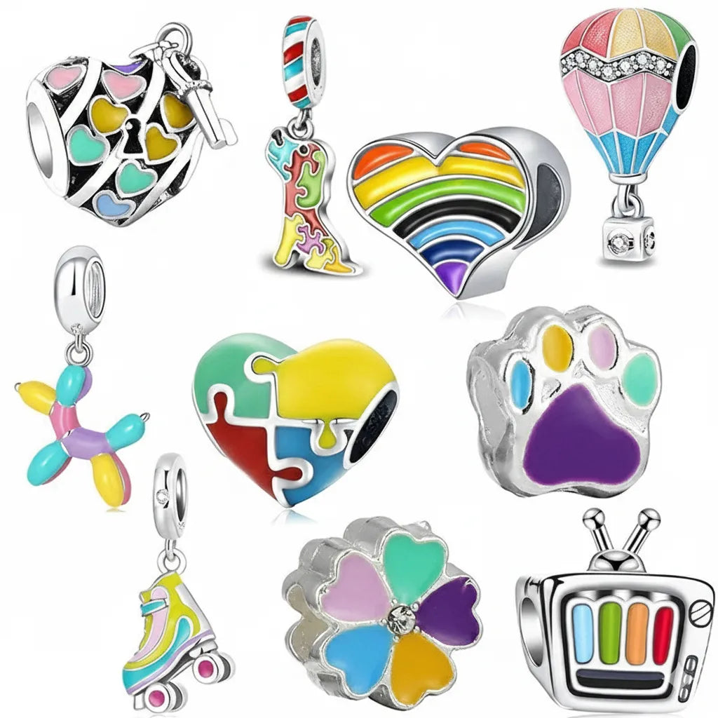 Kit 10 Berloques Coloridos Banhados em Prata