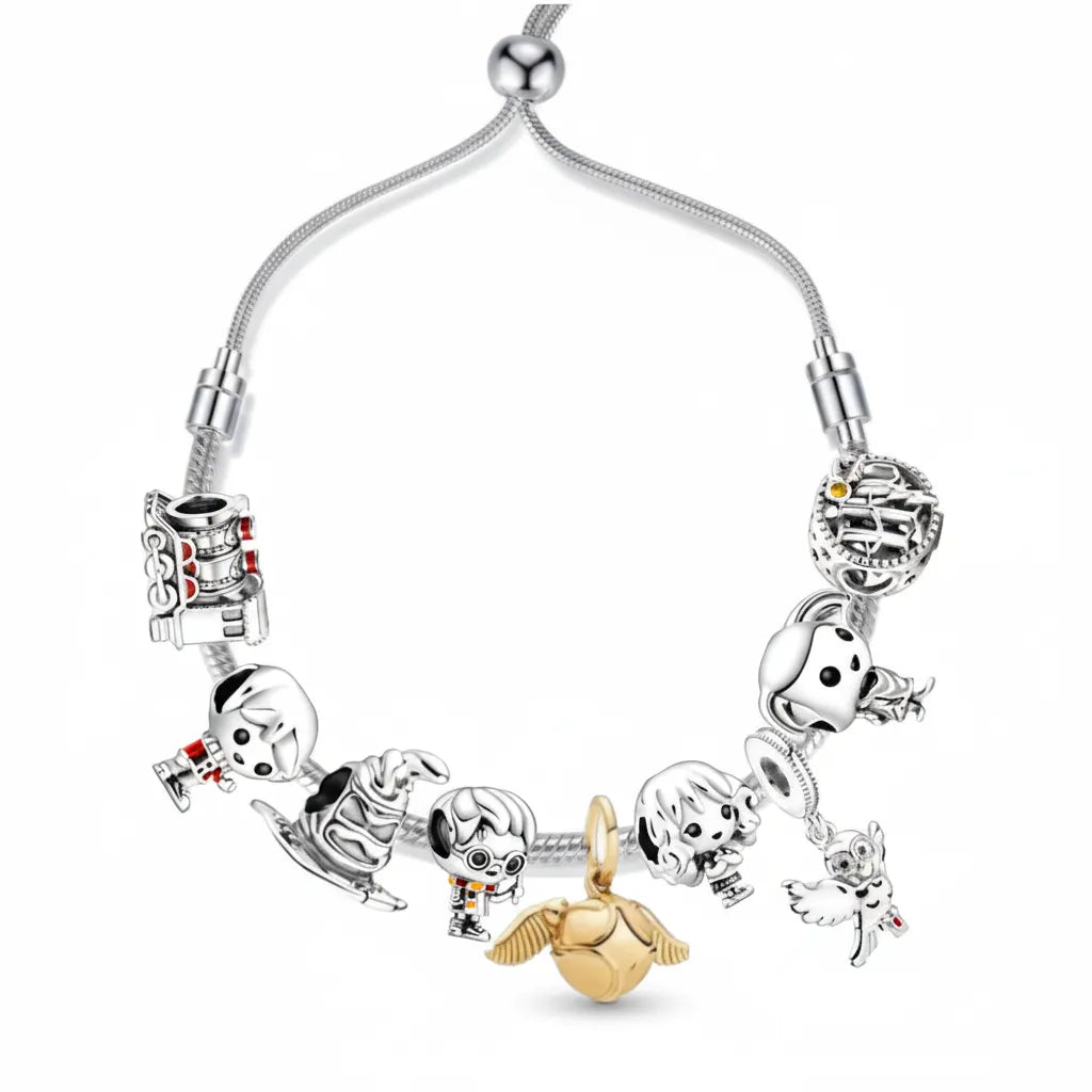 Kit Pulseira Harry Potter + 9 Berloques Banhados em Prata