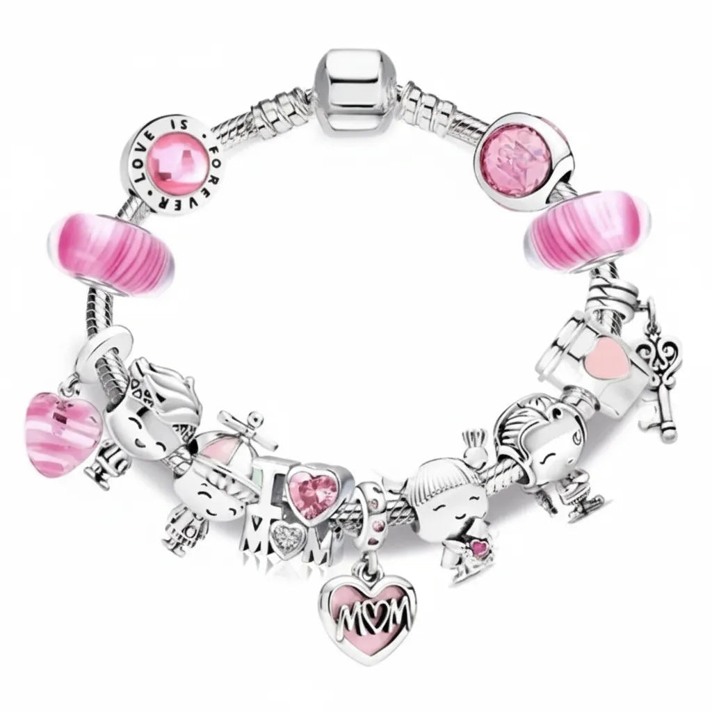 Kit Pulseira Pandora Mãe + 13 Berloques de Princesas Banhado em Prata