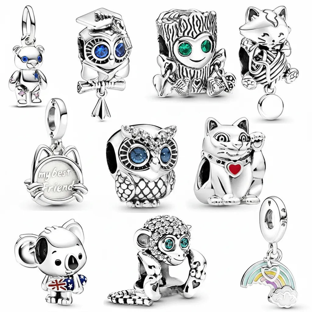 Kit 10 Berloques Animal Banhados em Prata