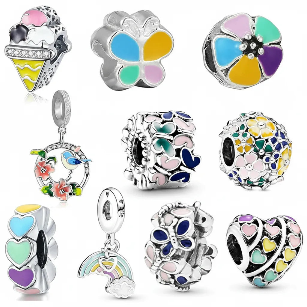 Kit 10 Berloques Coloridos Banhados em Prata