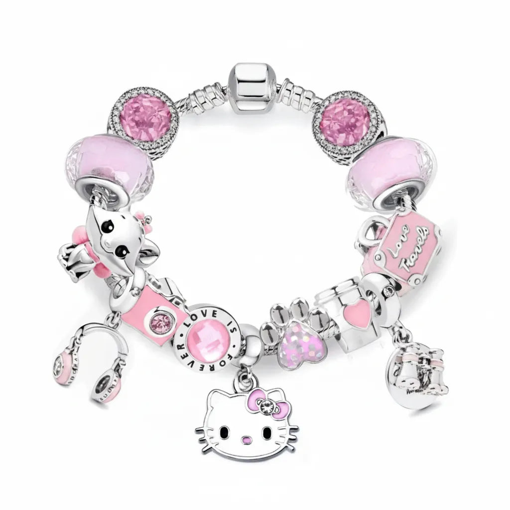 Kit Pulseira Pandora Hello Kitty + 13 Berloques Banhado em Prata