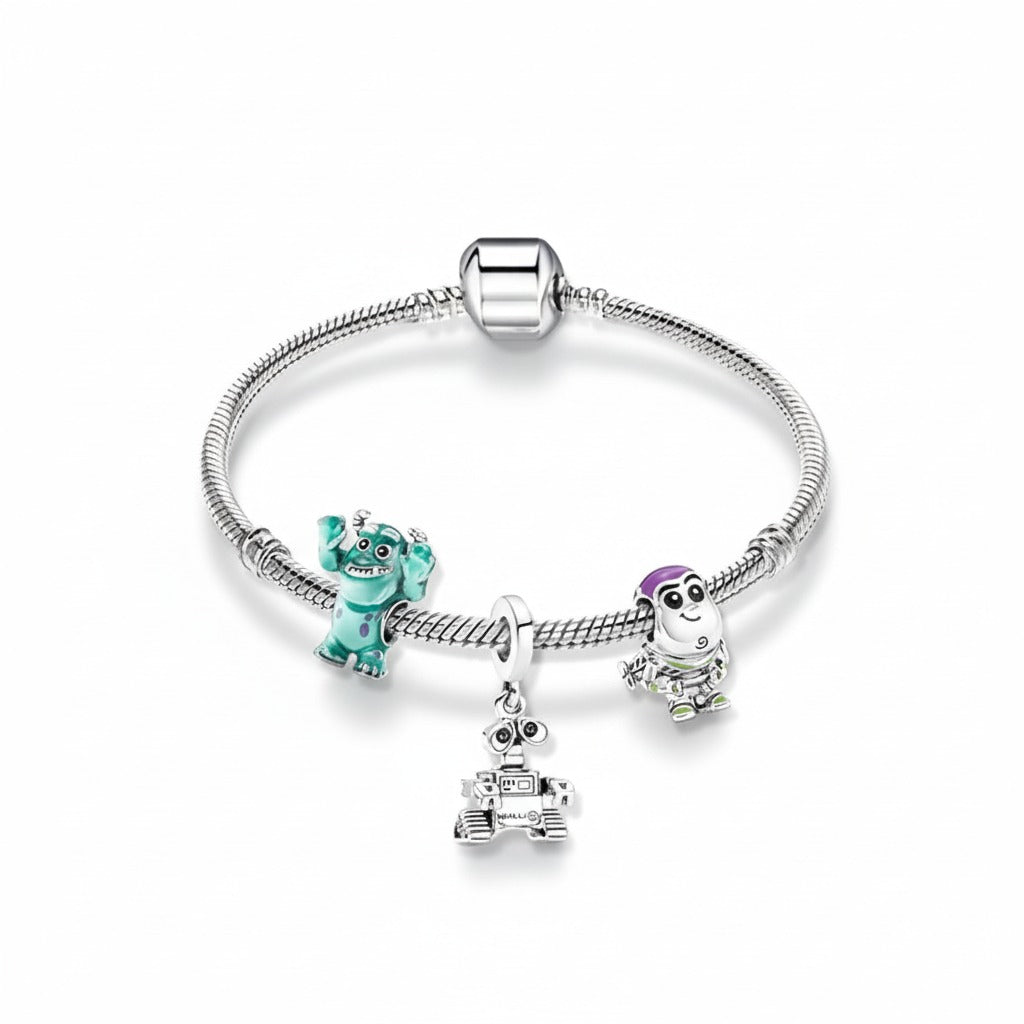 Kit Pulseira Pandora  + 3 Berloques Monstros S.A Banhados em Prata