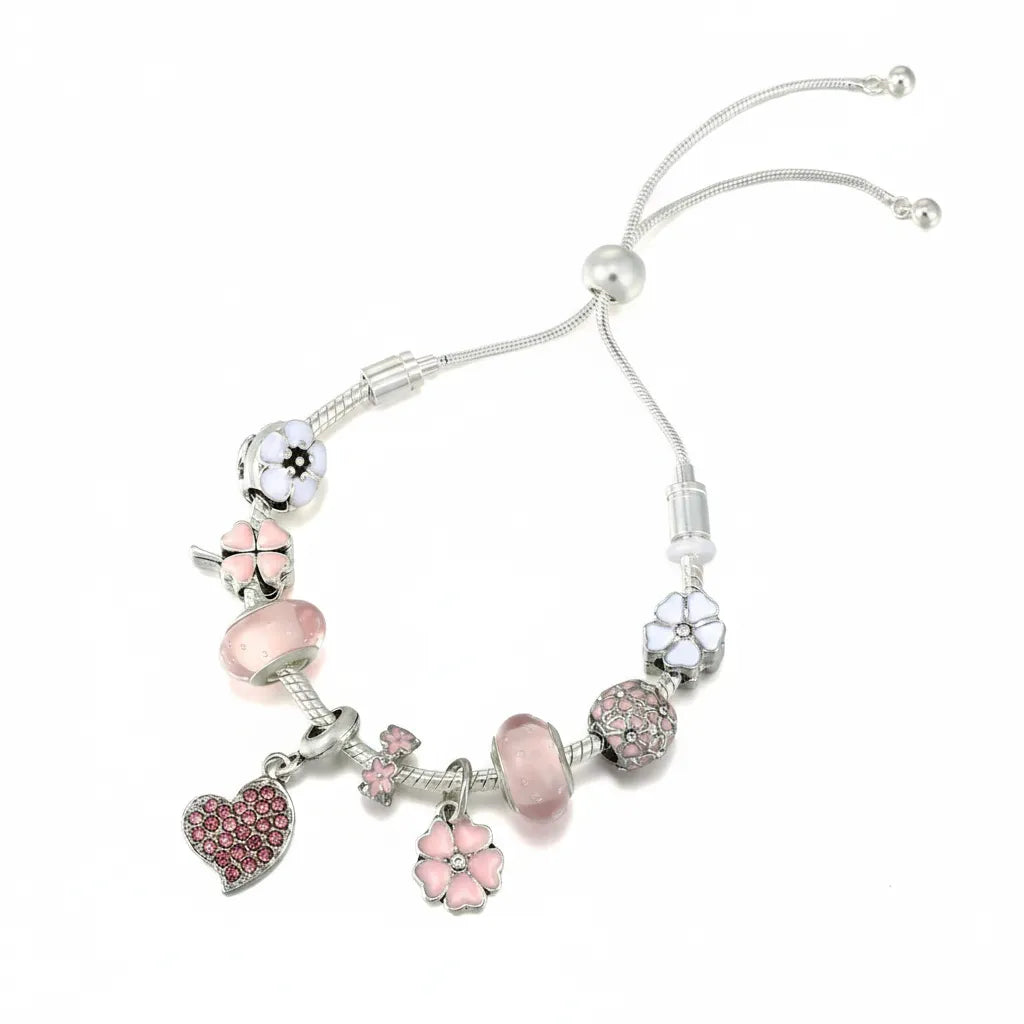 Kit Pulseira Pink + 9 Berloques Banhado em Prata