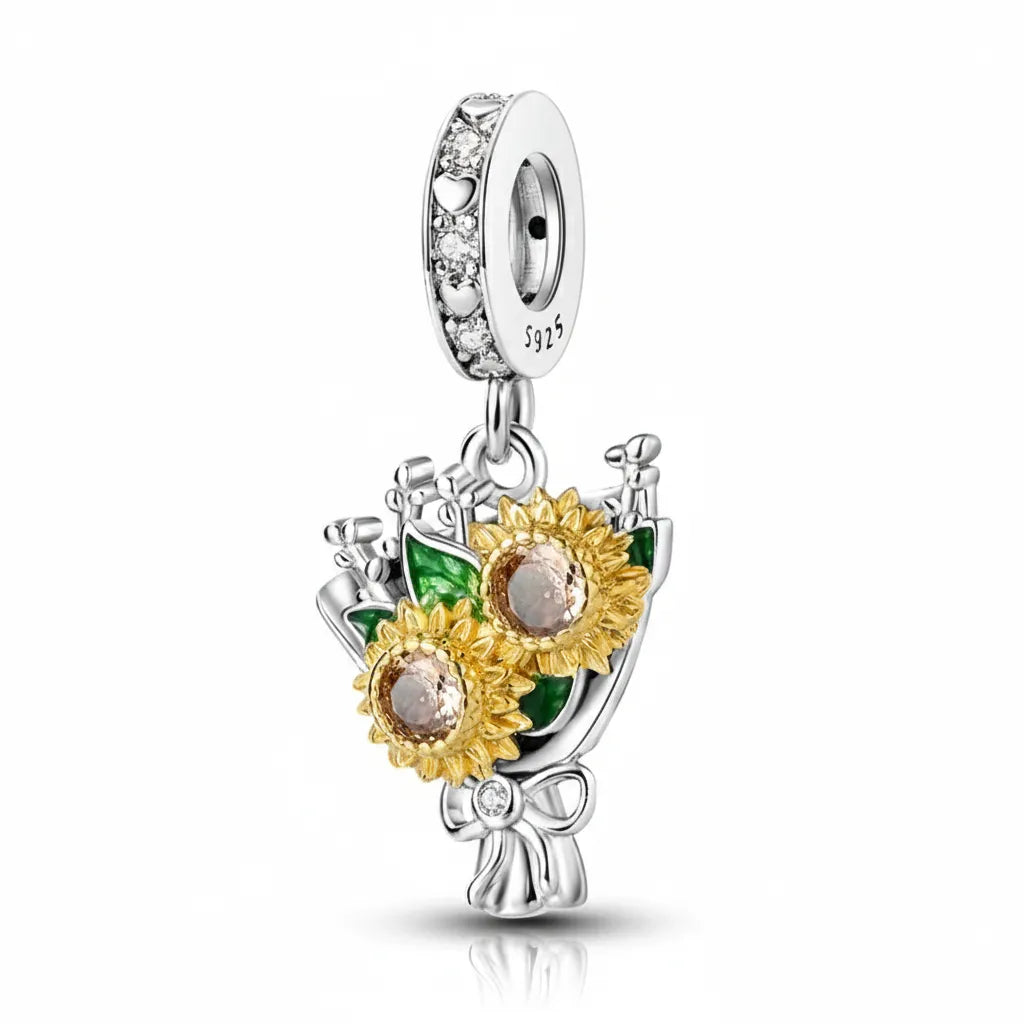 Berloque Girassol Buquê Banhado em Prata