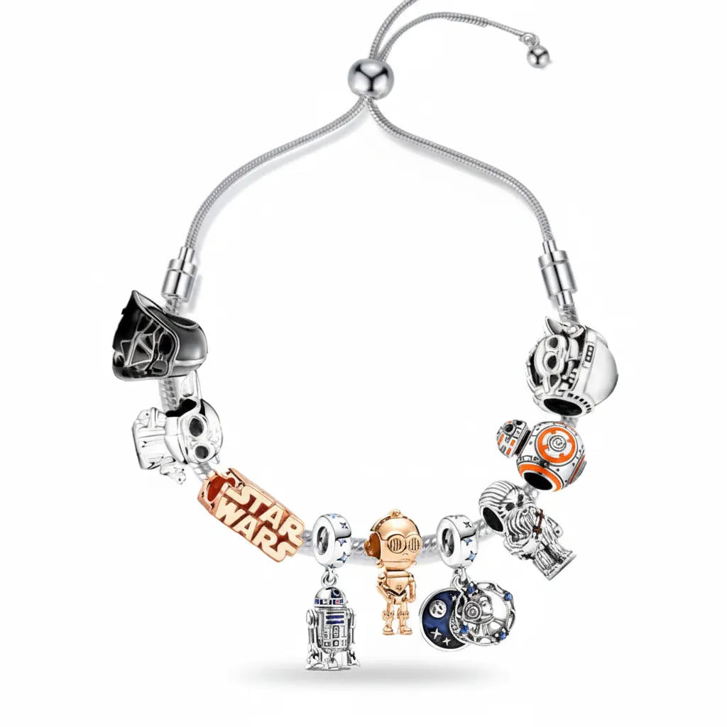 Kit Pulseira Star Wars + 9 Berloques Banhados em Prata