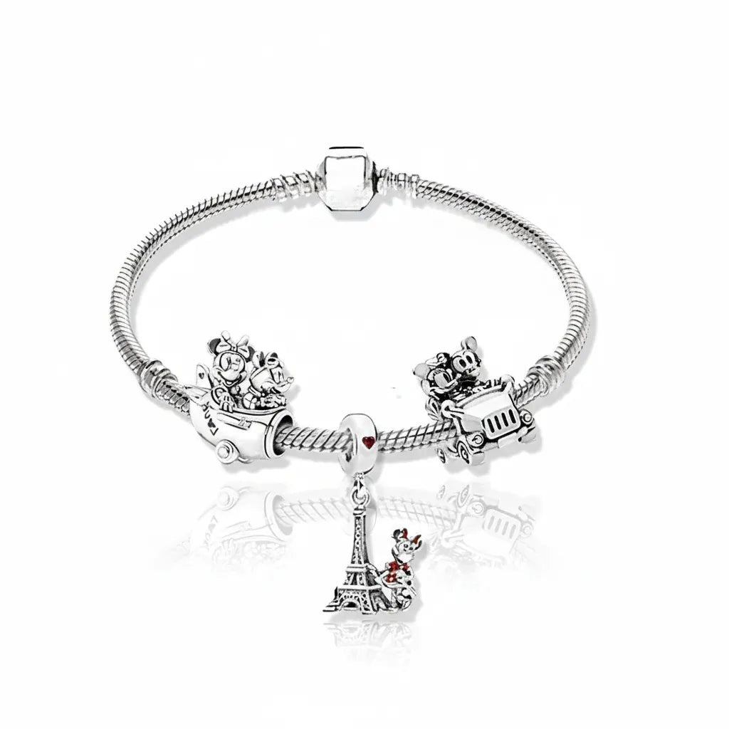 Kit Pulseira Pandora  + 3 Berloques Mickey Disney Banhados em Prata