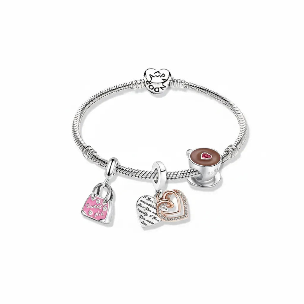 Kit Pulseira Pandora  +3 Berloques Banhados em Prata