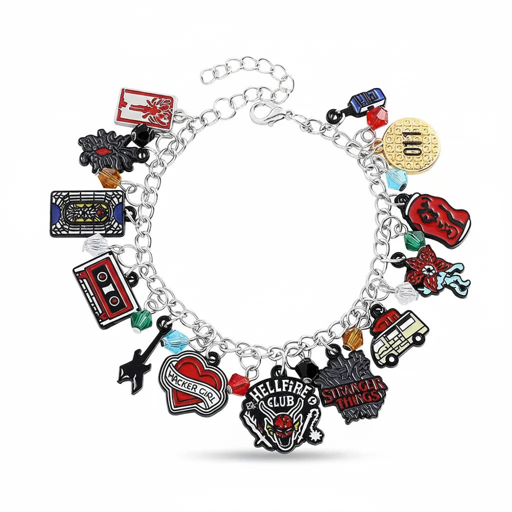Pulseira Stranger Things 5º Temporada Banhada em Prata + 13 Pingentes