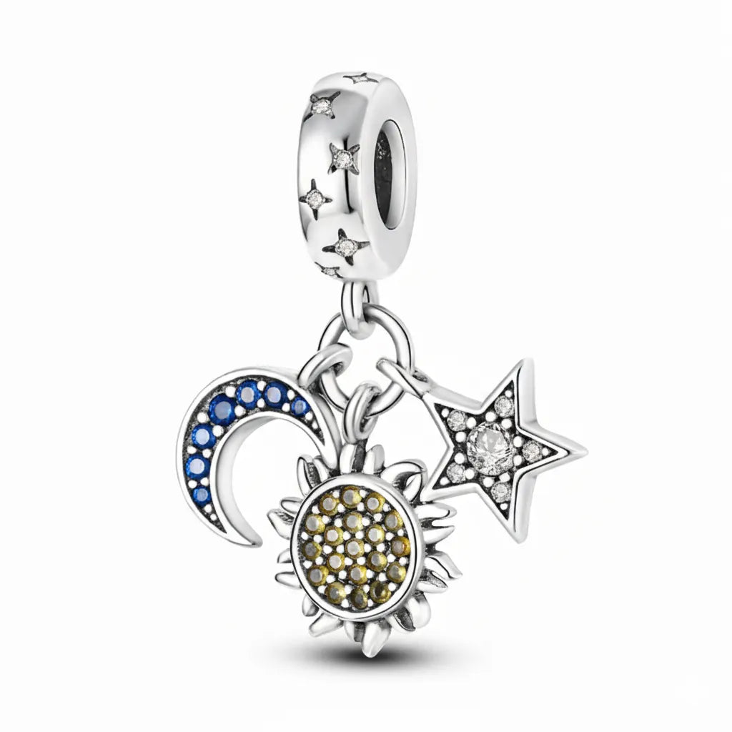 Berloque Lua Sol e Estrela  Banhado em Prata